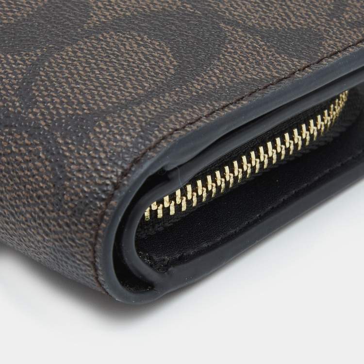 Pre Owned Coach Black/Brown Coated Canvas and  Leather Corner Zip Wallet