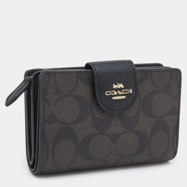 Pre Owned Coach Black/Brown Coated Canvas and  Leather Corner Zip Wallet