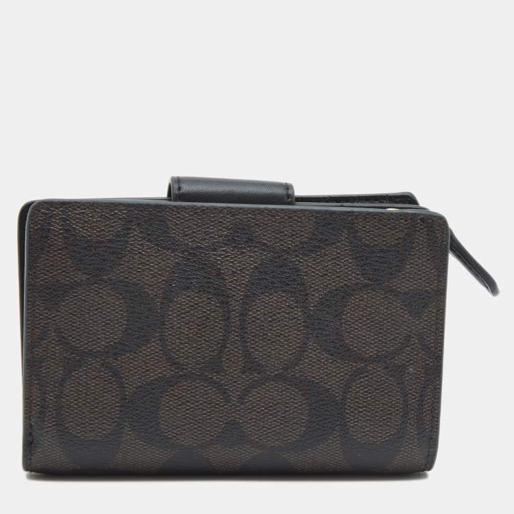 Pre Owned Coach Black/Brown Coated Canvas and  Leather Corner Zip Wallet