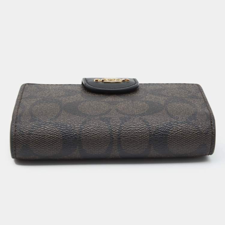 Pre Owned Coach Black/Brown Coated Canvas and  Leather Corner Zip Wallet