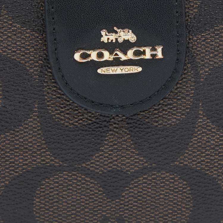 Pre Owned Coach Black/Brown Coated Canvas and  Leather Corner Zip Wallet