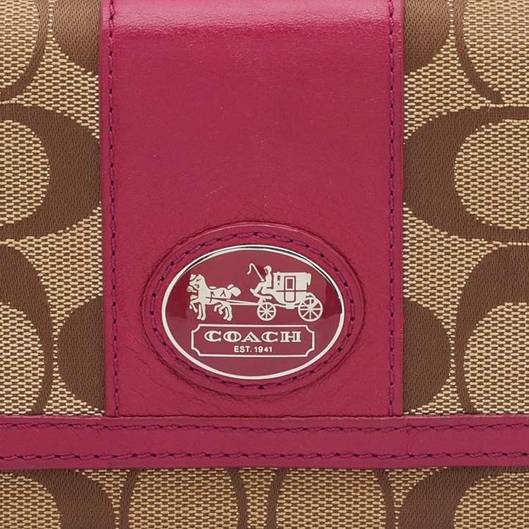 Pre Owned Coach Beige/Pink Signature Canvas and Leather Flap Continental Wallet