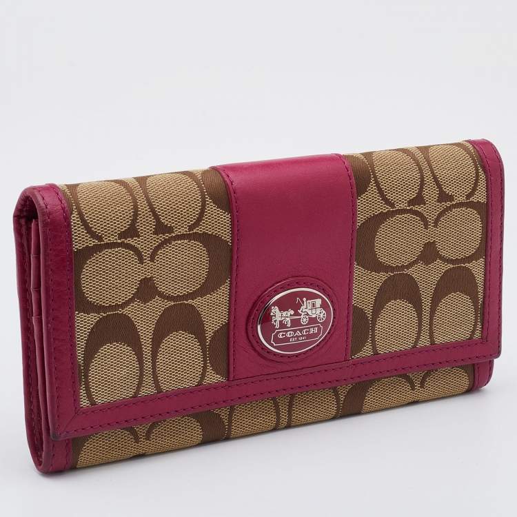 Pre Owned Coach Beige/Pink Signature Canvas and Leather Flap Continental Wallet