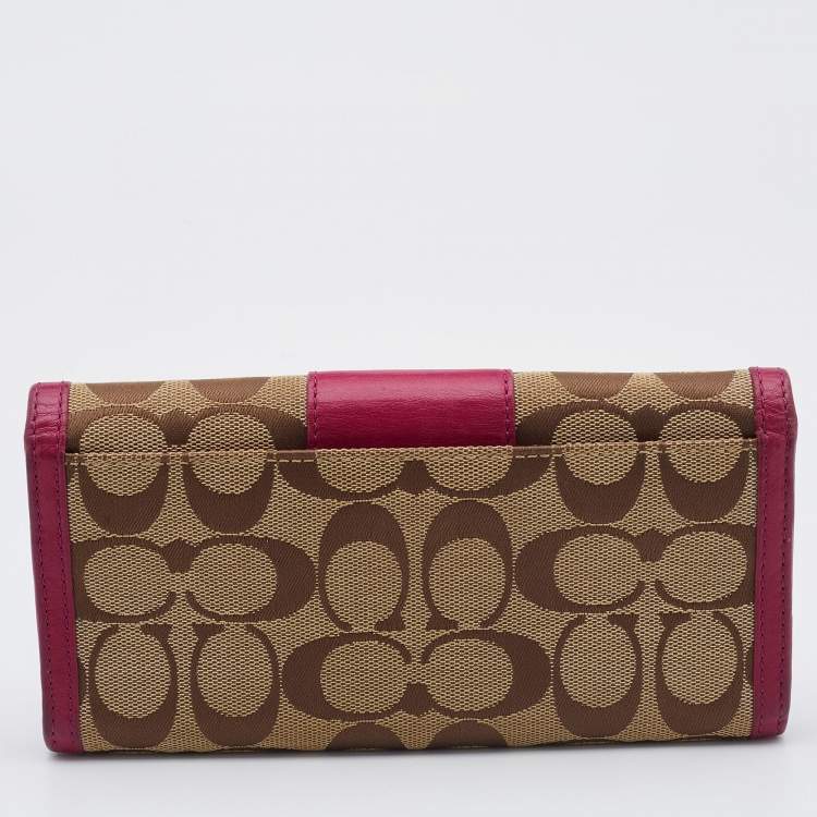 Pre Owned Coach Beige/Pink Signature Canvas and Leather Flap Continental Wallet