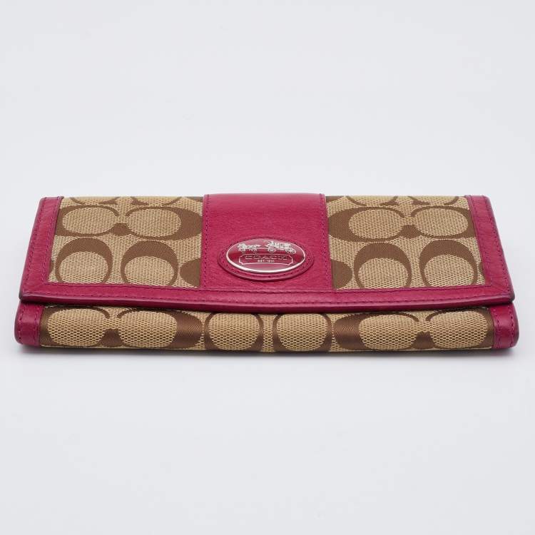 Pre Owned Coach Beige/Pink Signature Canvas and Leather Flap Continental Wallet