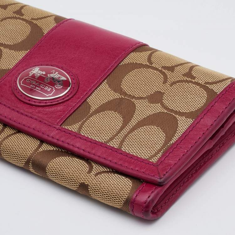 Pre Owned Coach Beige/Pink Signature Canvas and Leather Flap Continental Wallet