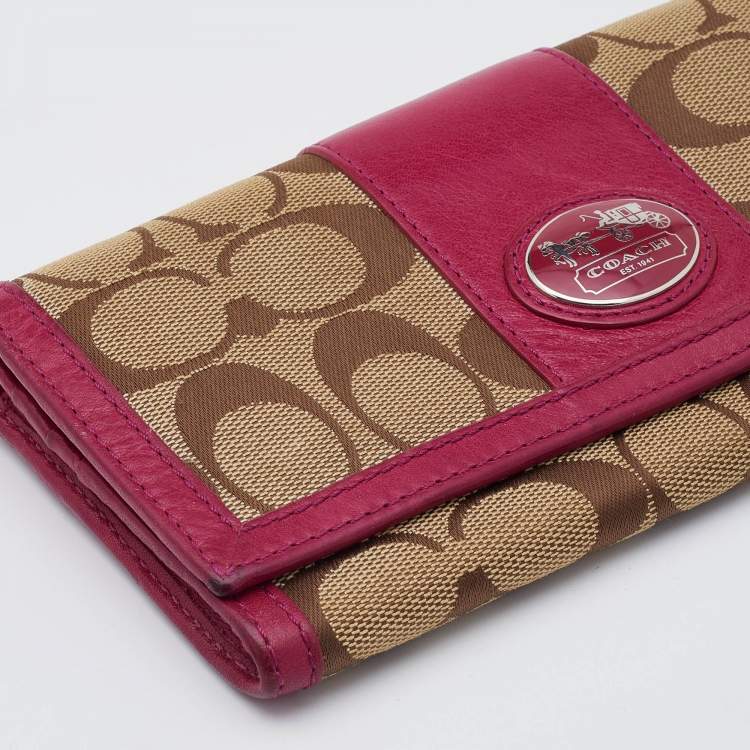 Pre Owned Coach Beige/Pink Signature Canvas and Leather Flap Continental Wallet