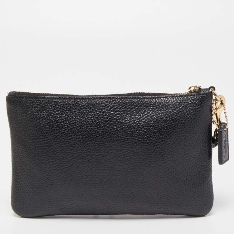 Pre Owned Coach Black Pebbled Leather Zip Wristlet Clutch