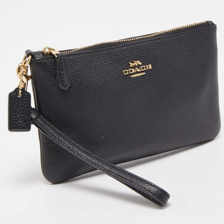Pre Owned Coach Black Pebbled Leather Zip Wristlet Clutch