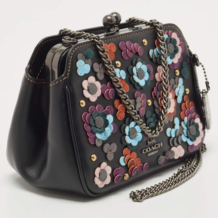 Pre Owned Coach Black Leather Floral Sequin Kiss Lock Crossbody Bag