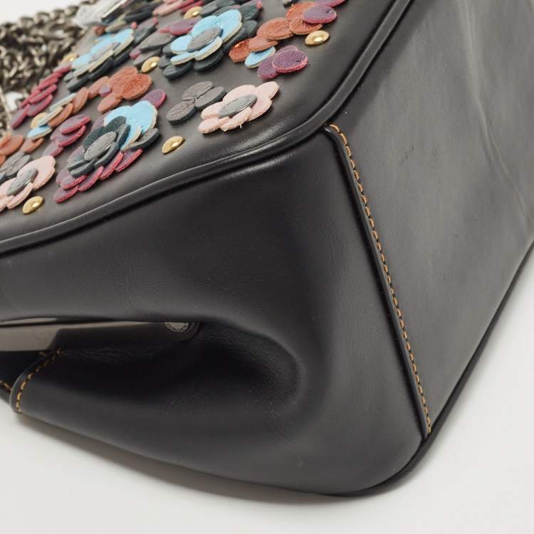 Pre Owned Coach Black Leather Floral Sequin Kiss Lock Crossbody Bag
