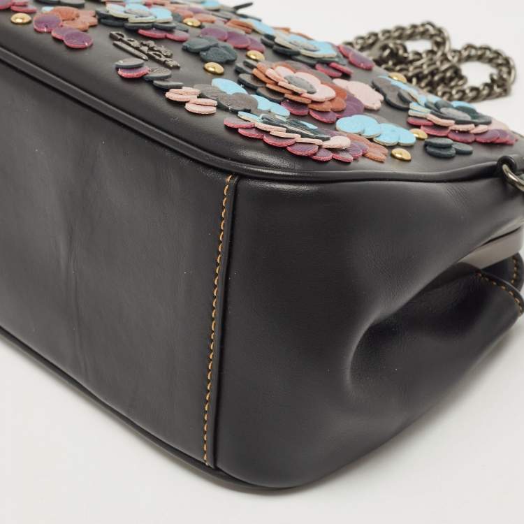 Pre Owned Coach Black Leather Floral Sequin Kiss Lock Crossbody Bag