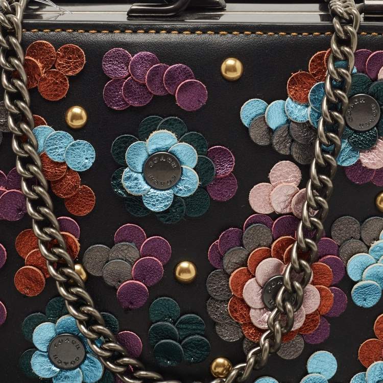 Pre Owned Coach Black Leather Floral Sequin Kiss Lock Crossbody Bag