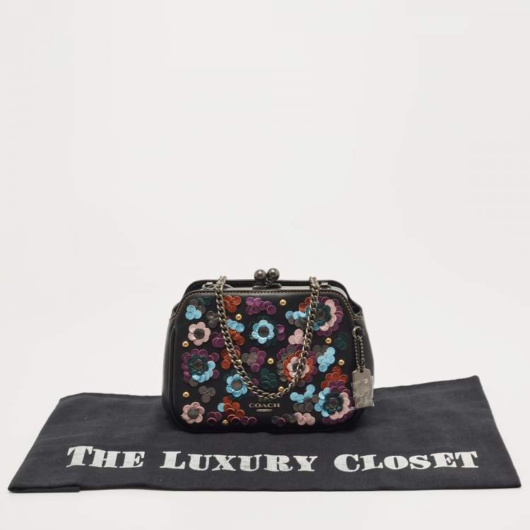 Pre Owned Coach Black Leather Floral Sequin Kiss Lock Crossbody Bag