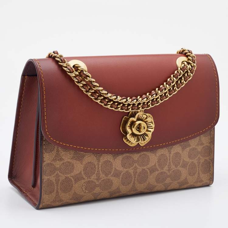 Pre Owned Coach Brown/Beige Signature Coated Canvas and Leather Parker Shoulder Bag