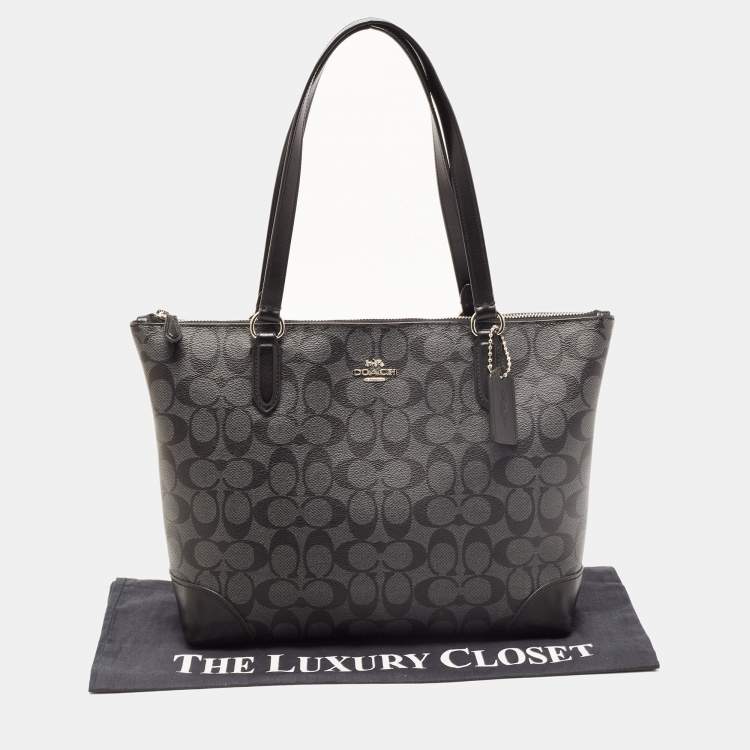 Pre Owned Coach Black/Grey Signature Coated Canvas City Zip Tote
