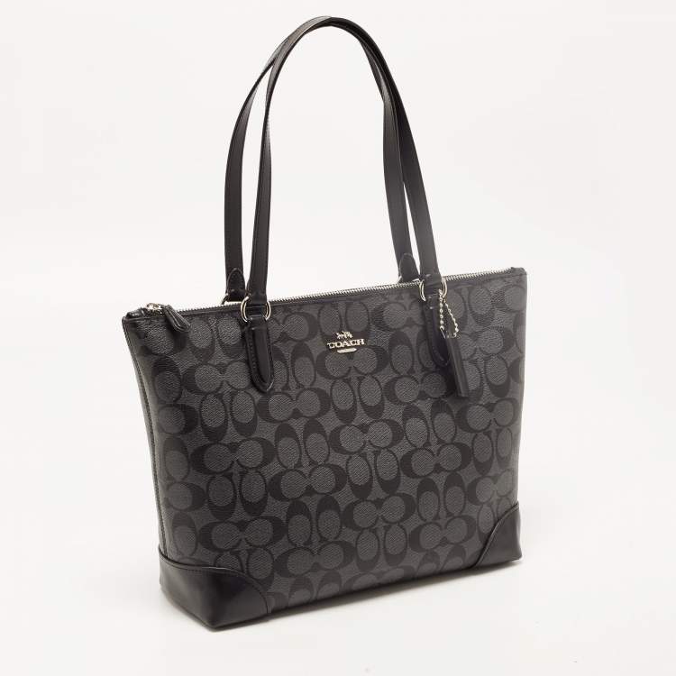 Pre Owned Coach Black/Grey Signature Coated Canvas City Zip Tote