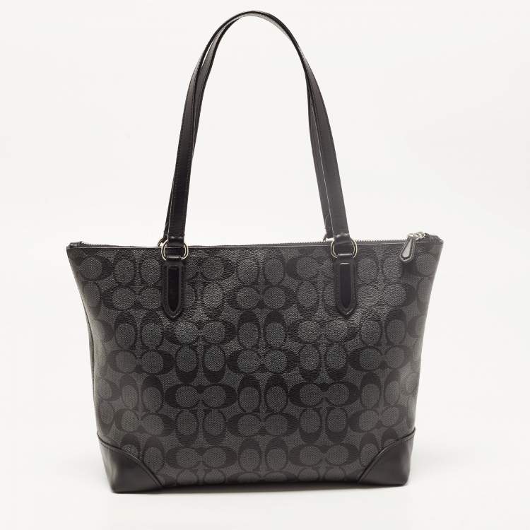 Pre Owned Coach Black/Grey Signature Coated Canvas City Zip Tote