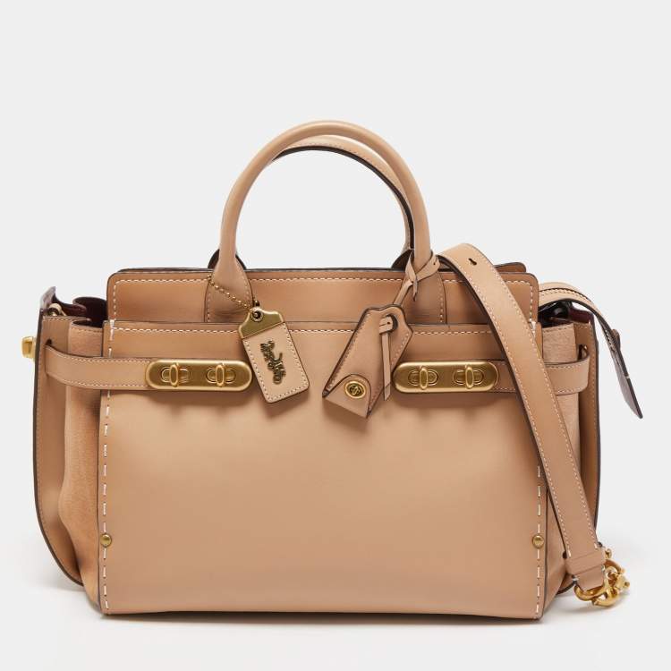Pre Owned Coach Beige Ombre Leather and Suede Double Swagger Tote