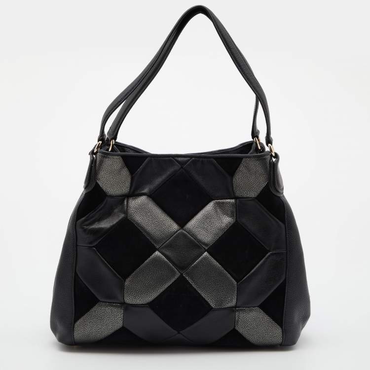 Pre Owned Coach Blck/Grey Leather and Suede Patchwork Edie Shoulder Bag
