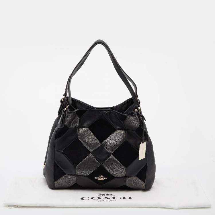 Pre Owned Coach Blck/Grey Leather and Suede Patchwork Edie Shoulder Bag