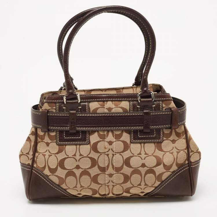 Pre Owned Coach Ebony/Beige Signature Canvas and Leather Tassel Satchel