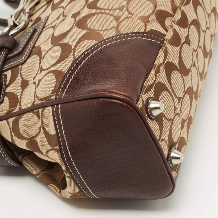 Pre Owned Coach Ebony/Beige Signature Canvas and Leather Tassel Satchel