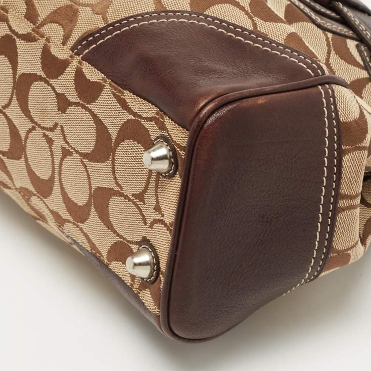 Pre Owned Coach Ebony/Beige Signature Canvas and Leather Tassel Satchel
