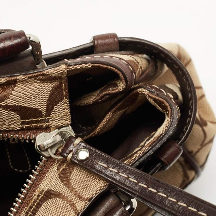 Pre Owned Coach Ebony/Beige Signature Canvas and Leather Tassel Satchel