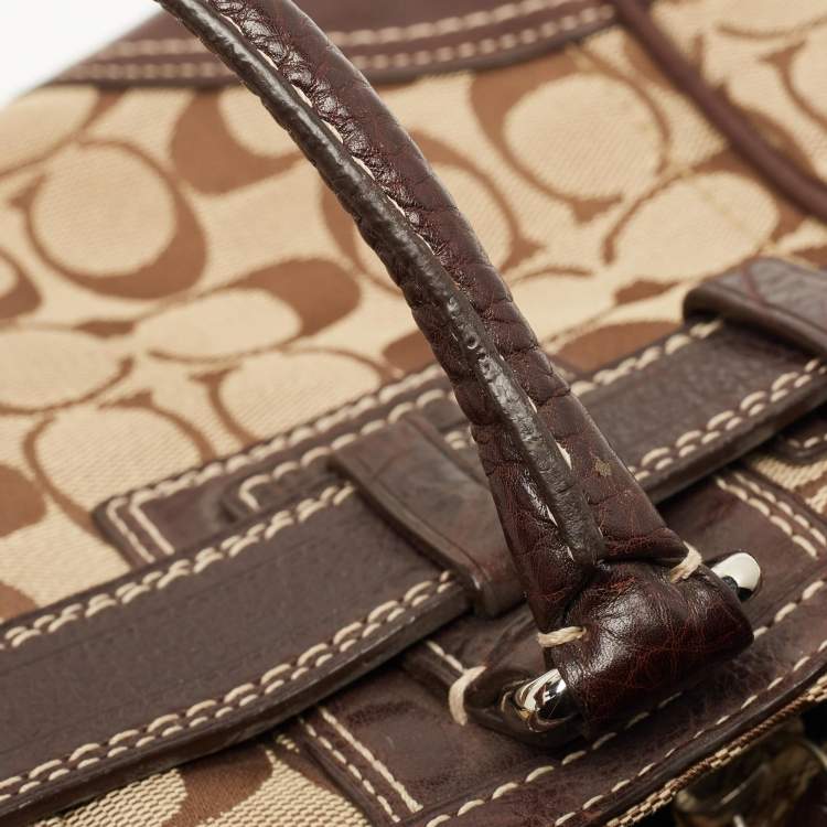 Pre Owned Coach Ebony/Beige Signature Canvas and Leather Tassel Satchel