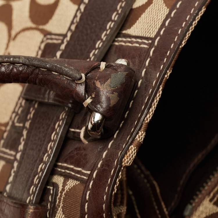 Pre Owned Coach Ebony/Beige Signature Canvas and Leather Tassel Satchel