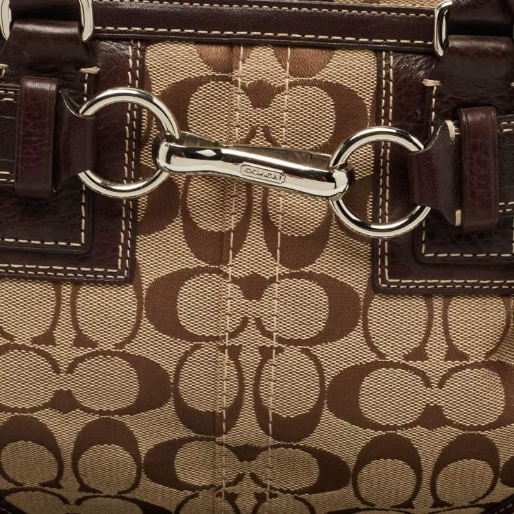 Pre Owned Coach Ebony/Beige Signature Canvas and Leather Tassel Satchel
