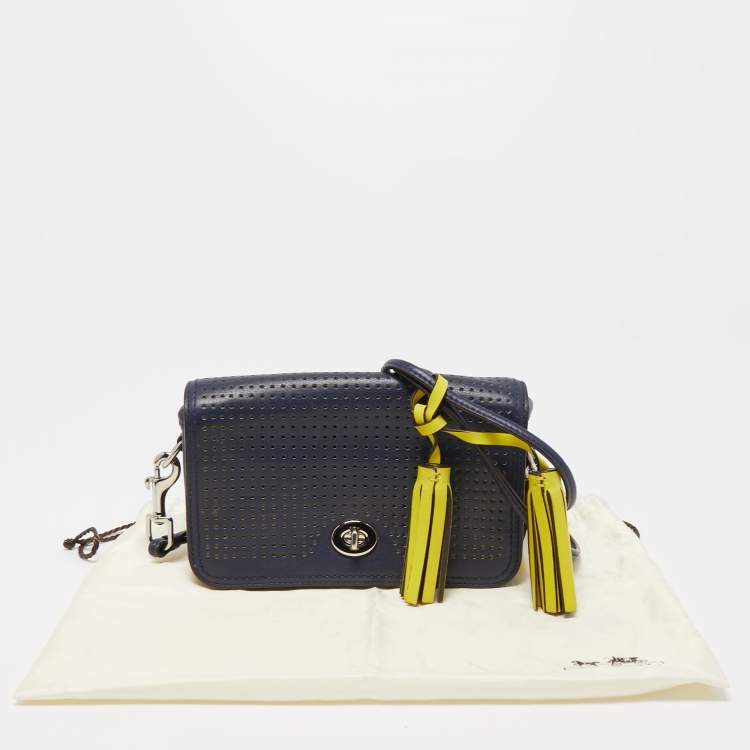 Pre Owned Coach Blue/Green Perforated Leather Legacy Penny Crossbody Bag