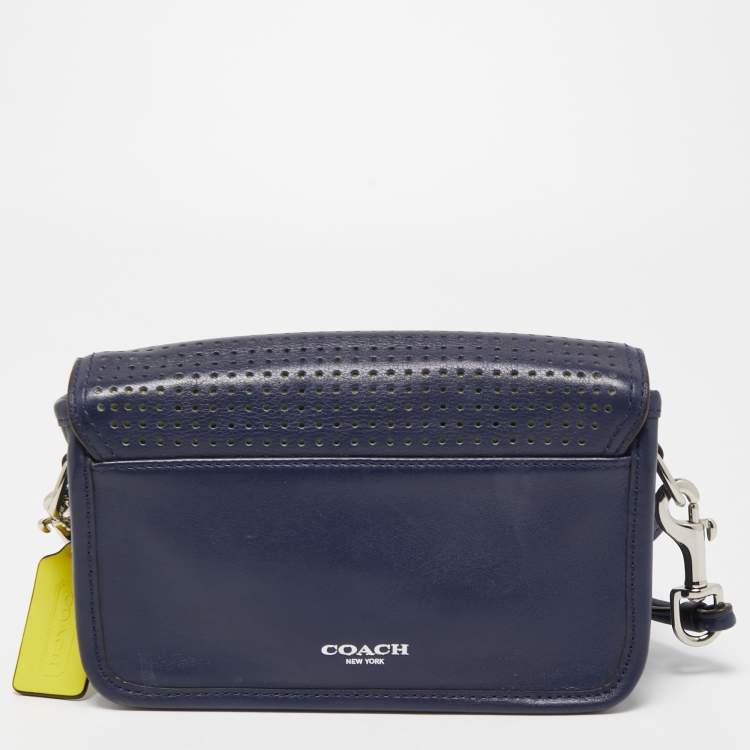 Pre Owned Coach Blue/Green Perforated Leather Legacy Penny Crossbody Bag