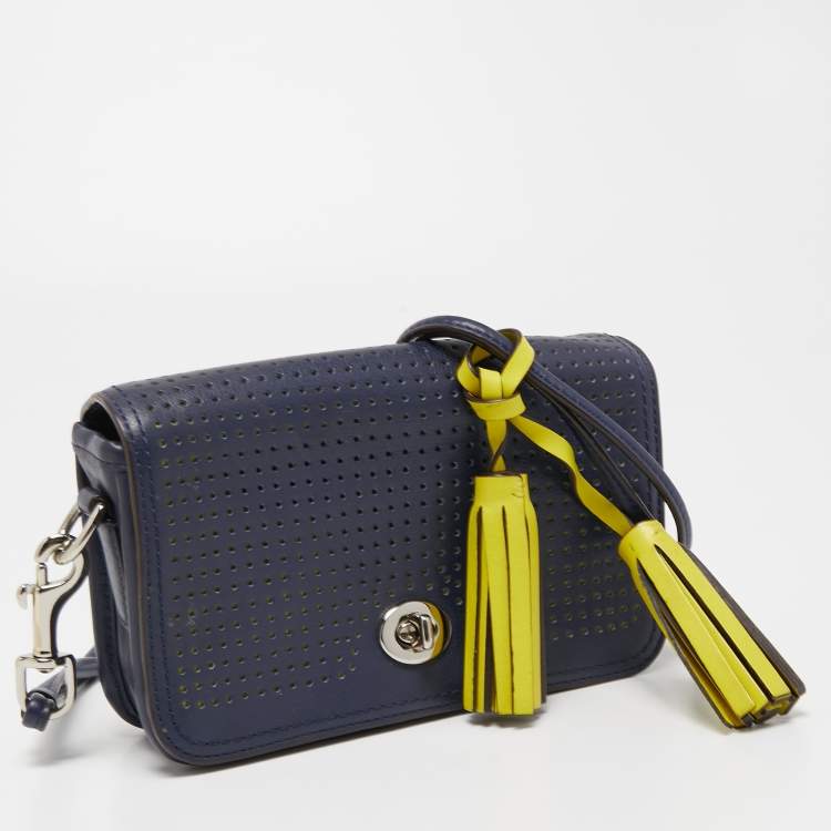 Pre Owned Coach Blue/Green Perforated Leather Legacy Penny Crossbody Bag