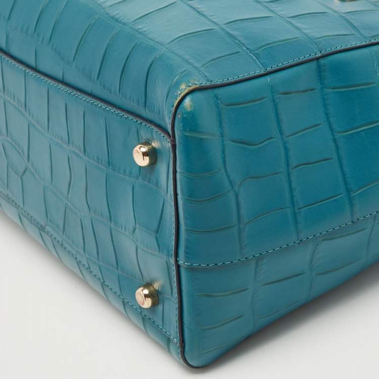 Pre Owned Coach Teal Blue Croc Embossed Leather Swagger 30 Tote