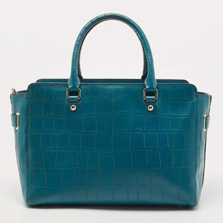 Pre Owned Coach Teal Blue Croc Embossed Leather Swagger 30 Tote