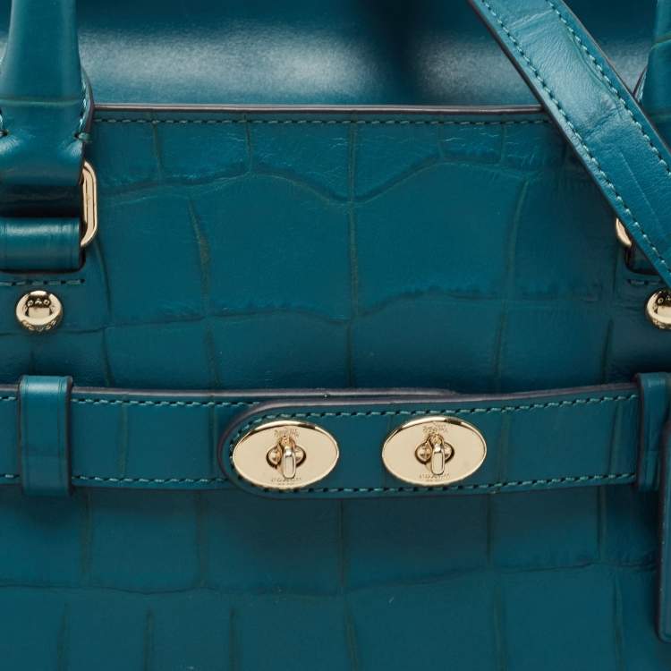Pre Owned Coach Teal Blue Croc Embossed Leather Swagger 30 Tote