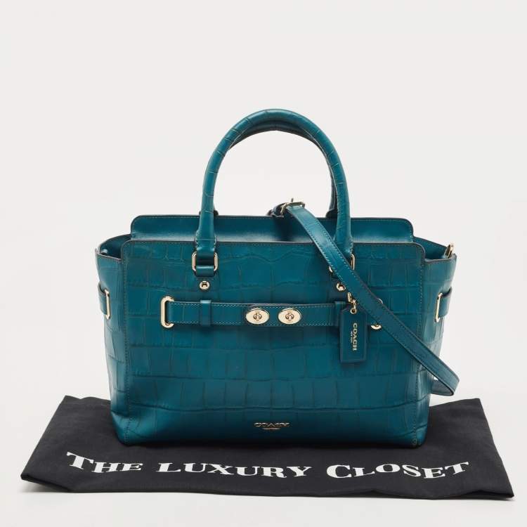 Pre Owned Coach Teal Blue Croc Embossed Leather Swagger 30 Tote
