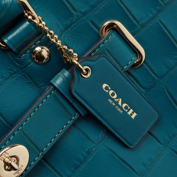 Pre Owned Coach Teal Blue Croc Embossed Leather Swagger 30 Tote