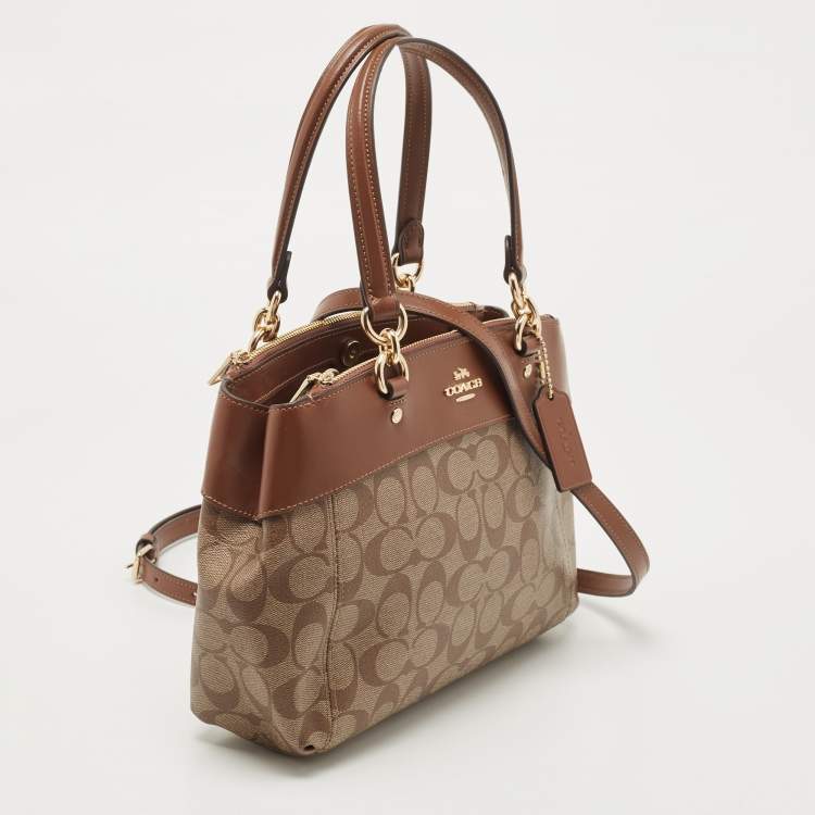 Pre Owned Coach Brown/Beige Signature Coated Canvas and Leather Mini Brooke Carryall Satchel