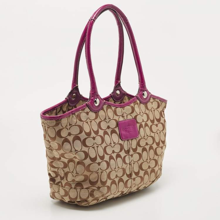 Pre Owned Coach Beige/Pink Signature Canvas and Leather Tote