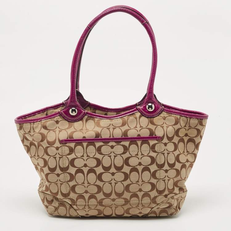 Pre Owned Coach Beige/Pink Signature Canvas and Leather Tote
