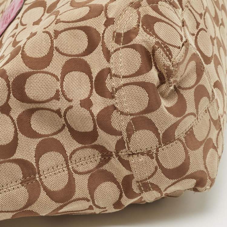 Pre Owned Coach Beige/Pink Signature Canvas and Leather Tote