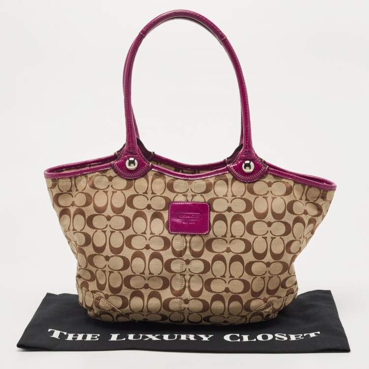 Pre Owned Coach Beige/Pink Signature Canvas and Leather Tote