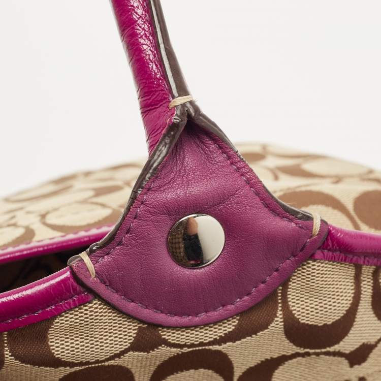 Pre Owned Coach Beige/Pink Signature Canvas and Leather Tote