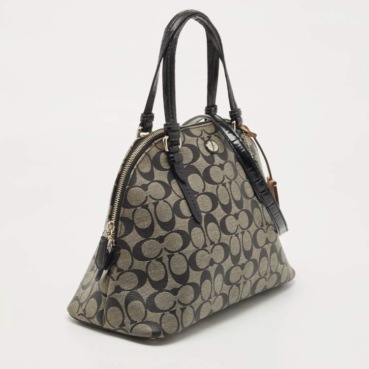 Pre Owned Coach Black/Beige Signature Coated Canvas and Leather Peyton Dome Satchel