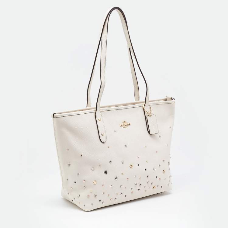 Pre Owned Coach Ivory Leather Stardust Studs City Zip Tote