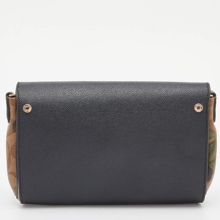 Pre Owned Coach Black/Beige Signature Rose Print Coated Canvas and Leather Reversible Flap Crossbody Bag