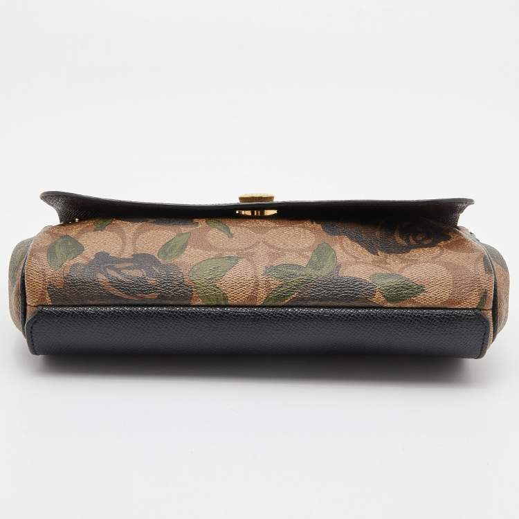 Pre Owned Coach Black/Beige Signature Rose Print Coated Canvas and Leather Reversible Flap Crossbody Bag